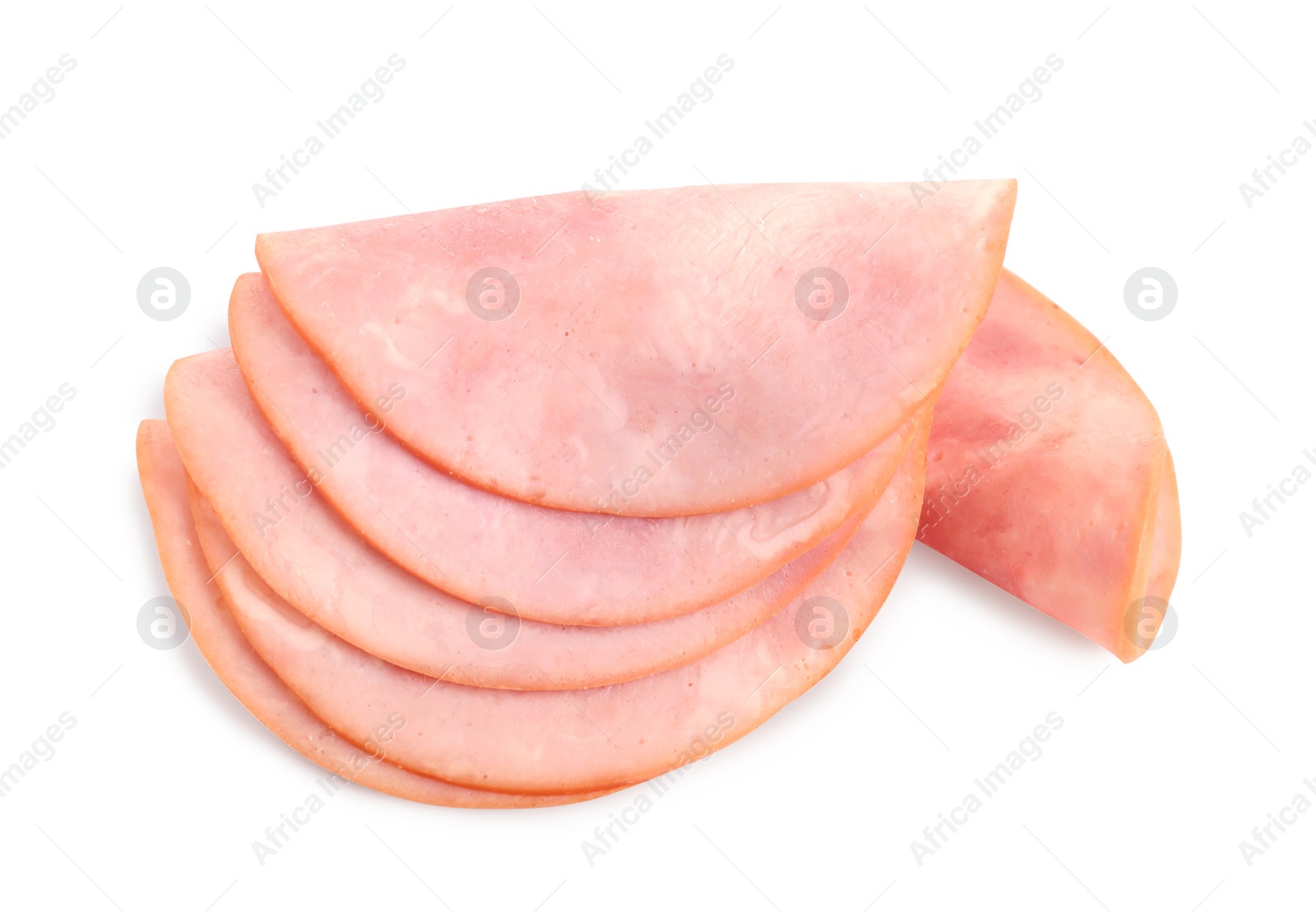 Photo of Slices of tasty fresh ham isolated on white, above view