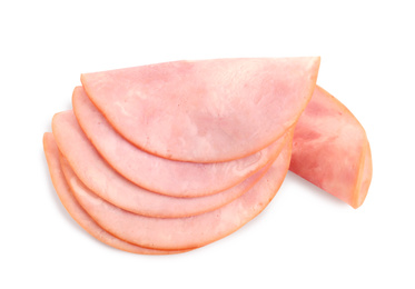 Slices of tasty fresh ham isolated on white, above view