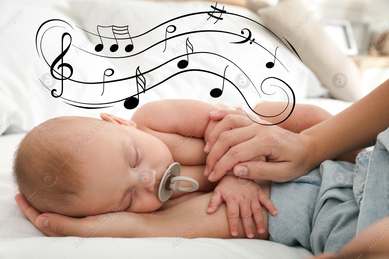 Image of Lullaby songs. Baby sleeping in mother's arms on bed, closeup. Illustration of flying music notes around child