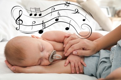 Image of Lullaby songs. Baby sleeping in mother's arms on bed, closeup. Illustration of flying music notes around child