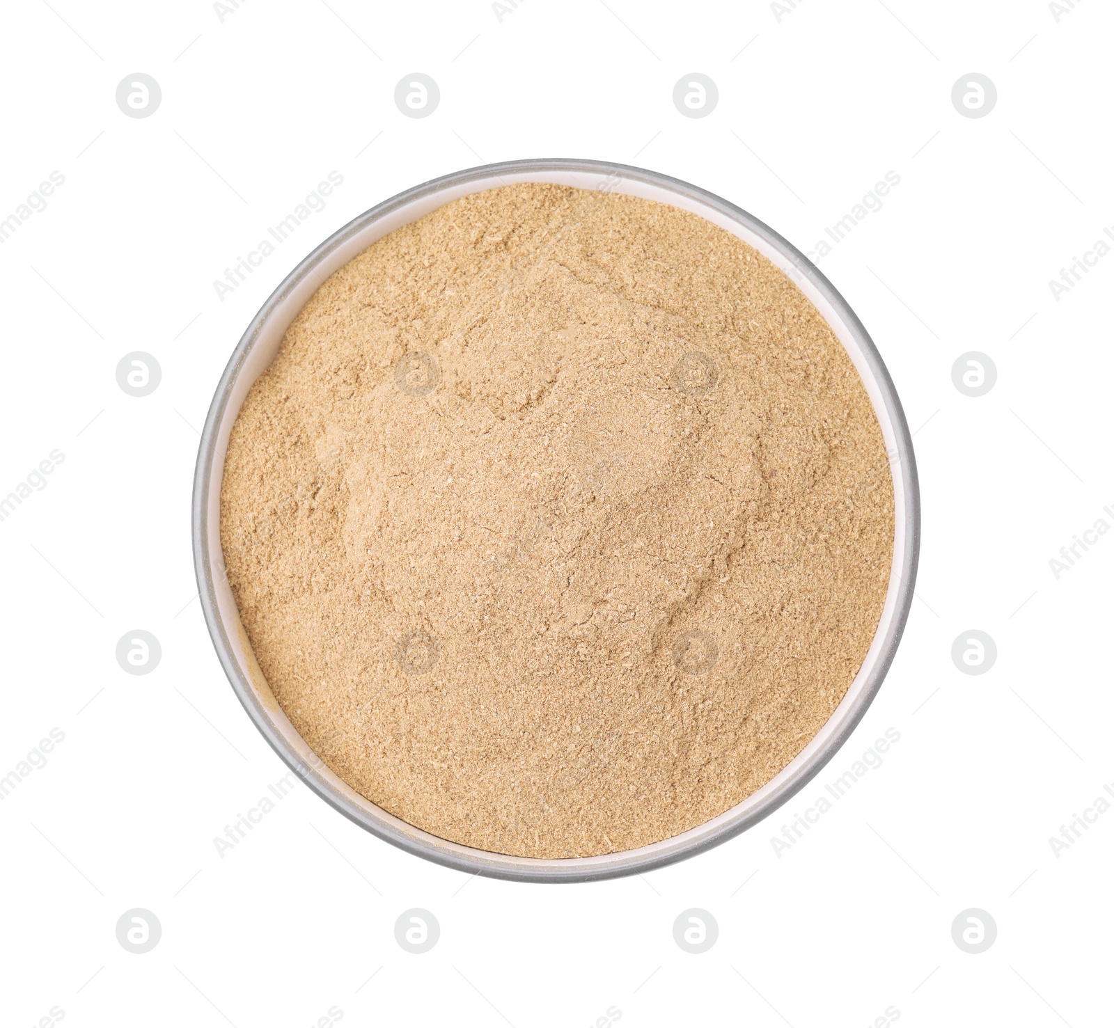 Photo of Dietary fiber. Psyllium husk powder in bowl isolated on white, top view