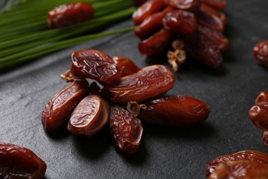 Tasty sweet dried dates on black table, closeup