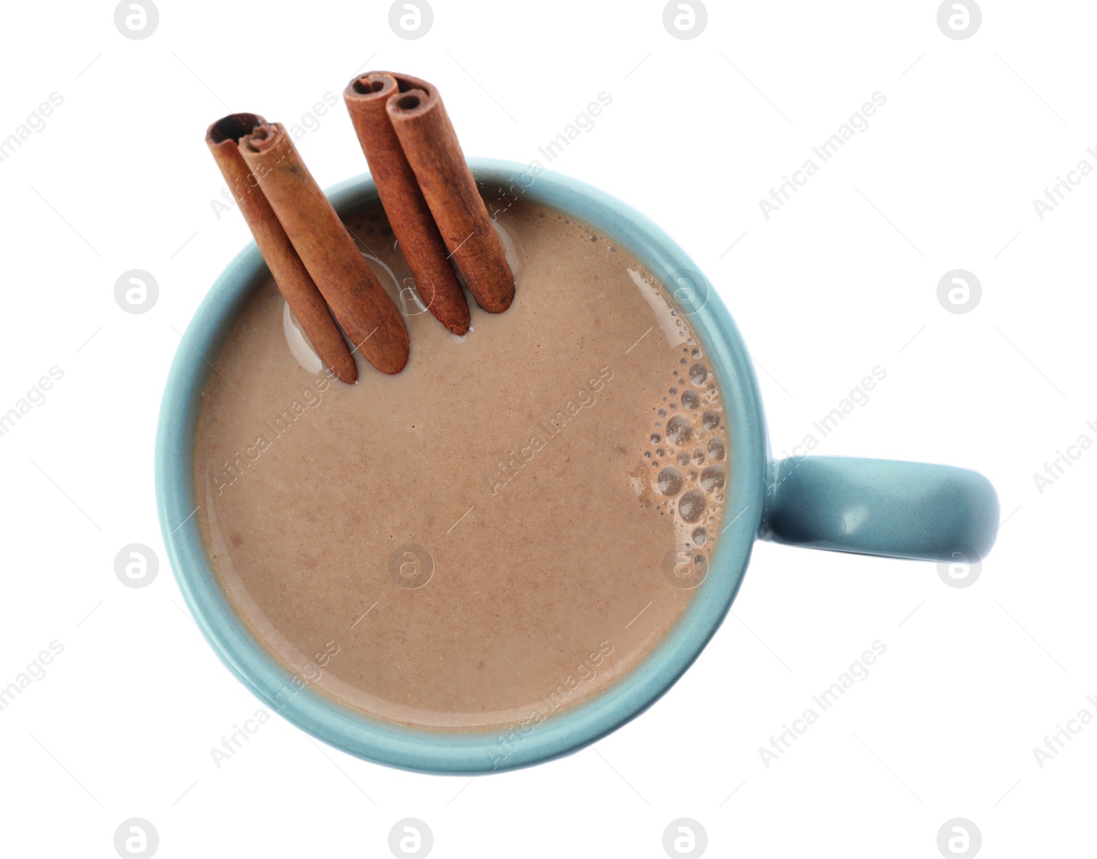 Photo of Delicious cocoa drink with cinnamon sticks on white background, top view