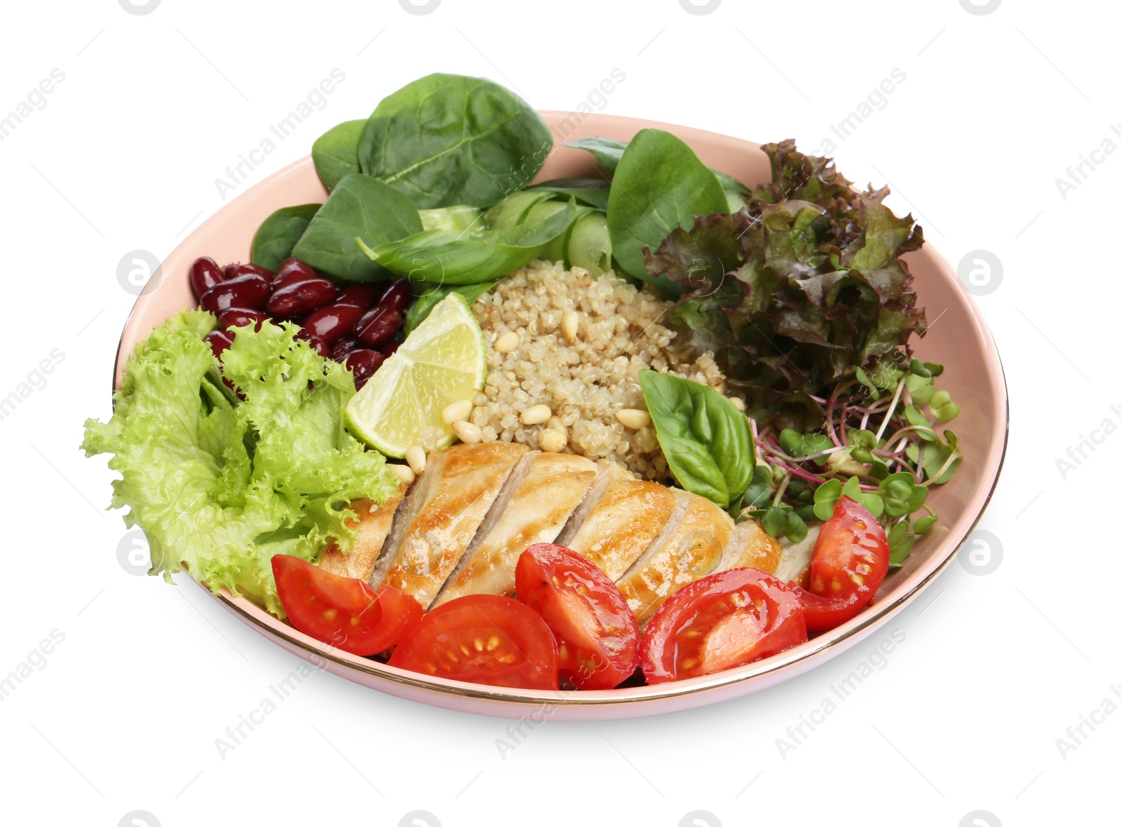 Photo of Healthy meal. Tasty vegetables, chicken breast and quinoa in bowl isolated on white