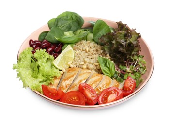 Photo of Healthy meal. Tasty vegetables, chicken breast and quinoa in bowl isolated on white