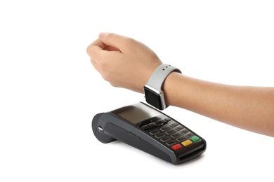 Photo of Woman using terminal for contactless payment with smart watch on white background