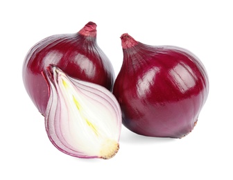 Fresh whole and cut red onions on white background