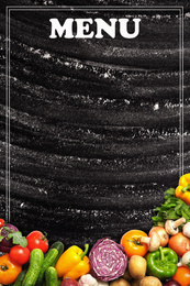 Image of Design of menu with black board and vegetables, space for text