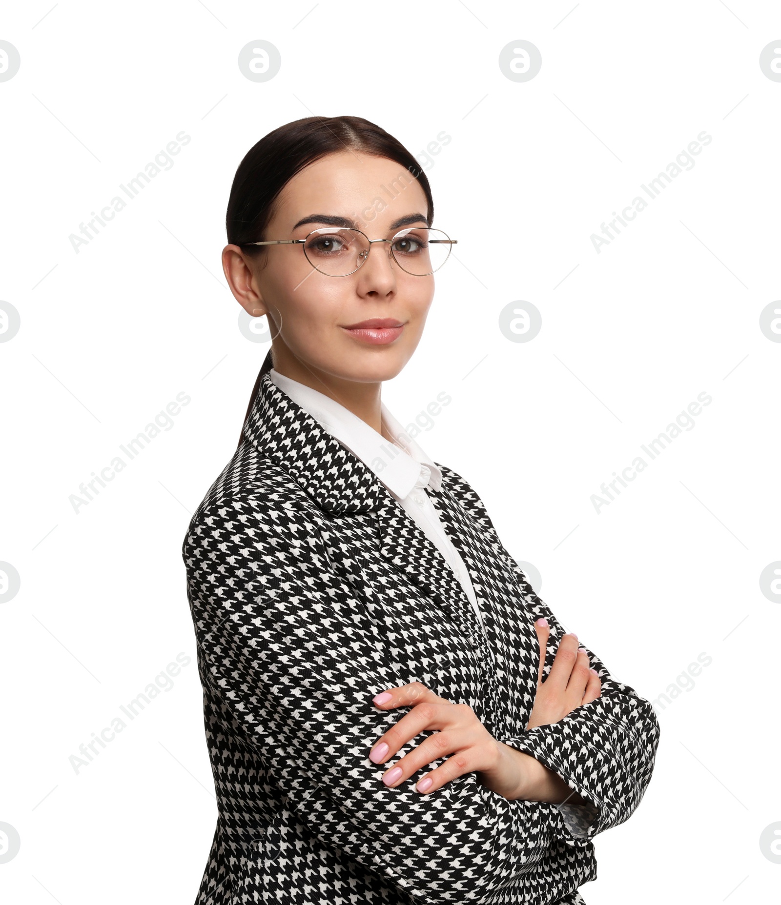 Photo of Portrait of young businesswoman on white background