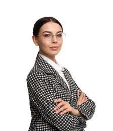 Portrait of young businesswoman on white background