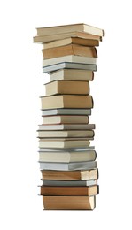 High stack of many different books isolated on white