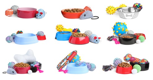 Image of Set with feeding bowls and toys for pet on white background. Banner design