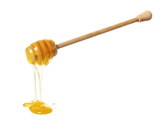 Photo of Natural honey dripping from dipper on white background