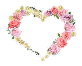 Image of Heart made of beautiful roses on white background