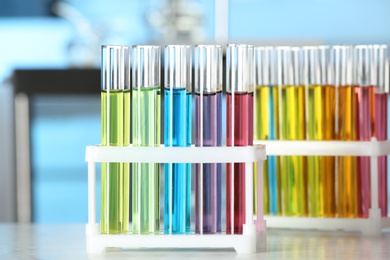 Test tubes with liquid samples on table. Laboratory analysis
