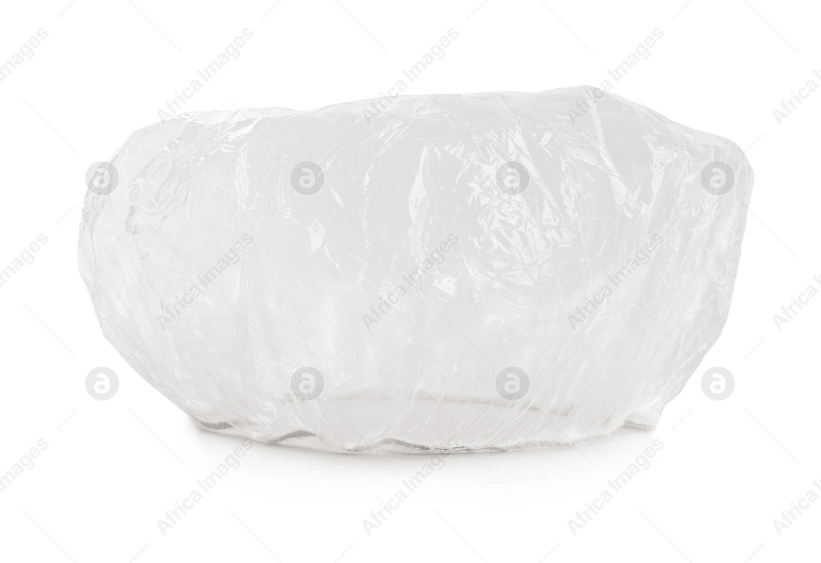 Photo of Transparent waterproof shower cap on white background