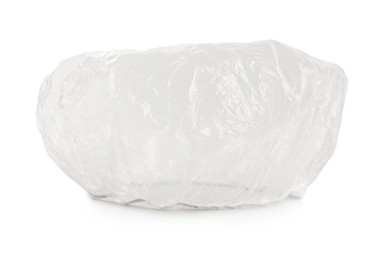 Photo of Transparent waterproof shower cap on white background