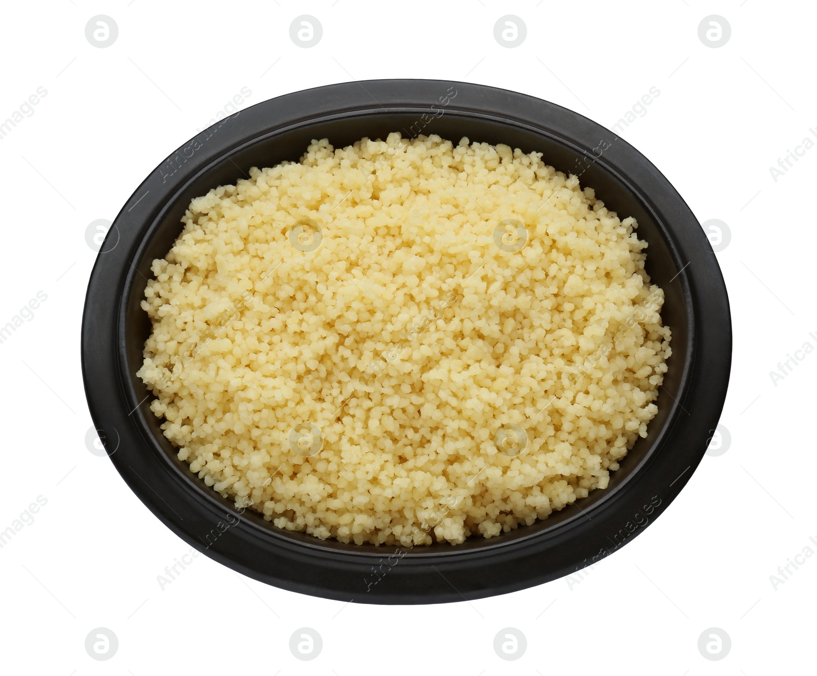 Photo of Bowl of tasty couscous on white background, top view