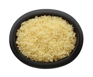 Bowl of tasty couscous on white background, top view