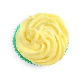 Photo of Delicious cupcake with yellow cream isolated on white, top view