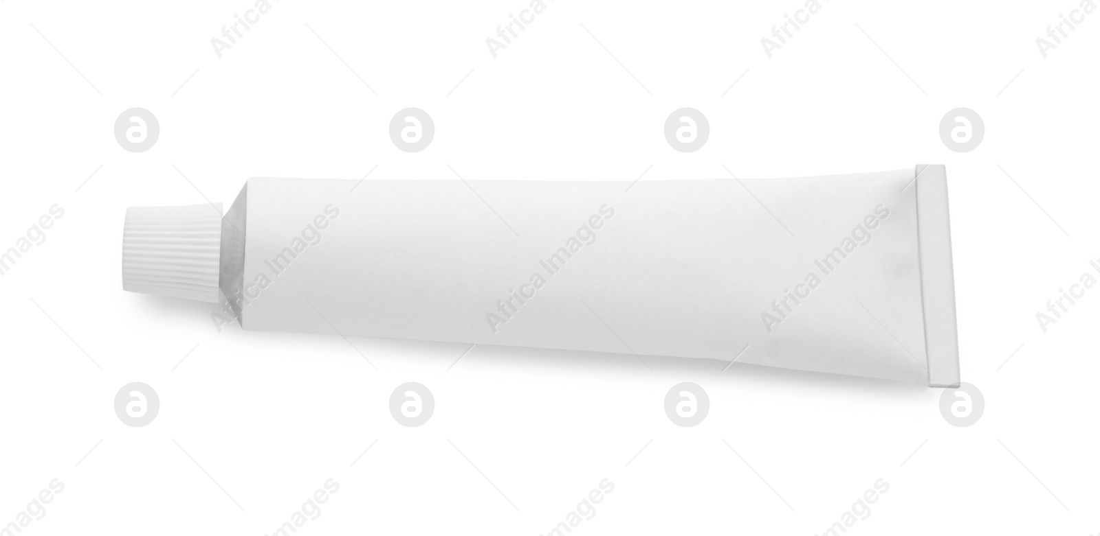 Photo of Blank tube of ointment isolated on white, top view
