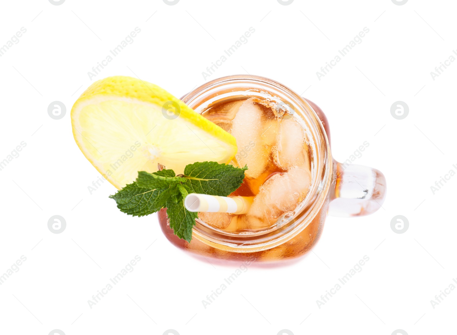 Photo of Delicious iced tea in mason jar on white background, top view
