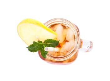 Photo of Delicious iced tea in mason jar on white background, top view