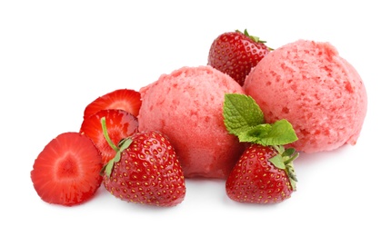 Photo of Scoops of delicious strawberry ice cream with mint and fresh berries on white background