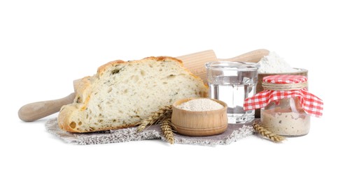 Photo of Freshly baked bread, sourdough and other ingredients on white background
