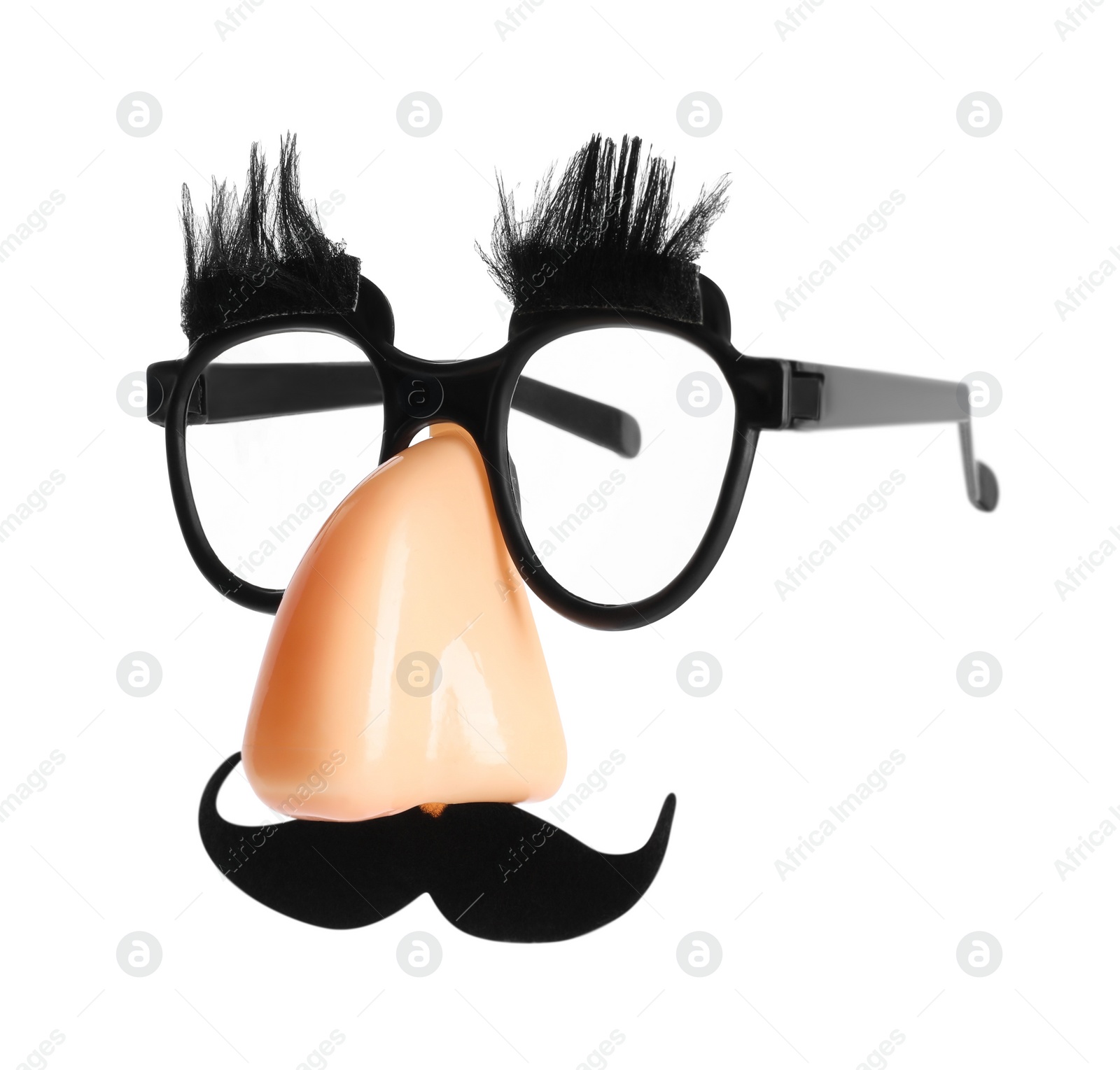 Photo of Funny mask with fake mustache, nose and glasses isolated on white