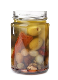 Photo of Jar with pickled vegetables on white background