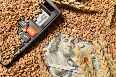 Photo of Dollar banknotes, calculator and wheat ears on grains, closeup. Agricultural business