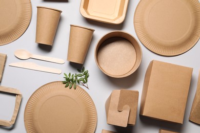 Flat lay composition with eco friendly food packagings and twig on light grey background