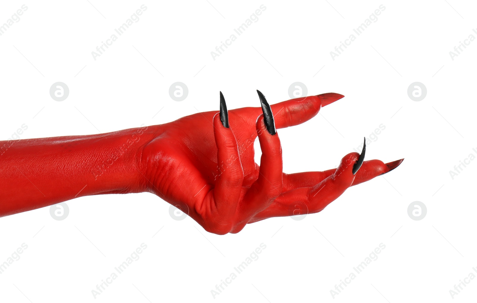 Photo of Scary monster on white background, closeup of hand. Halloween character