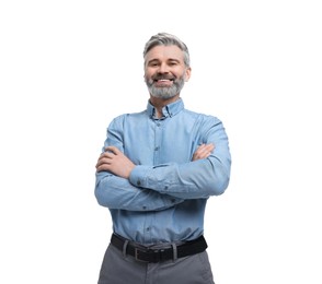 Photo of Mature businessman in stylish clothes posing on white background, low angle view