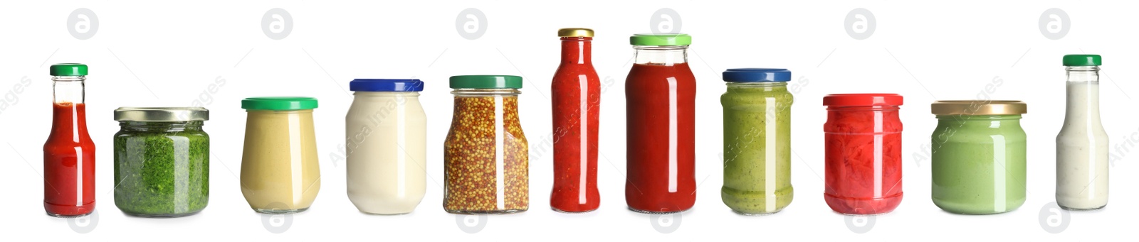 Image of Set with delicious sauces in glassware on white background. Banner design