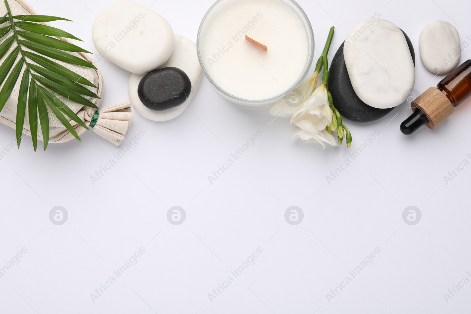 Photo of Flat lay composition with different spa products on white background, space for text