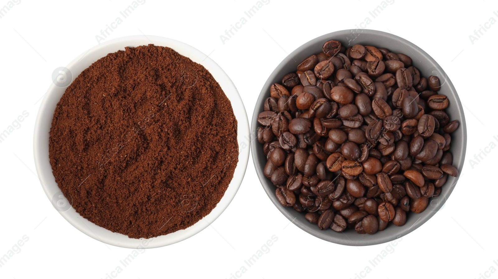 Photo of Bowls with ground coffee and roasted beans on white background, top view