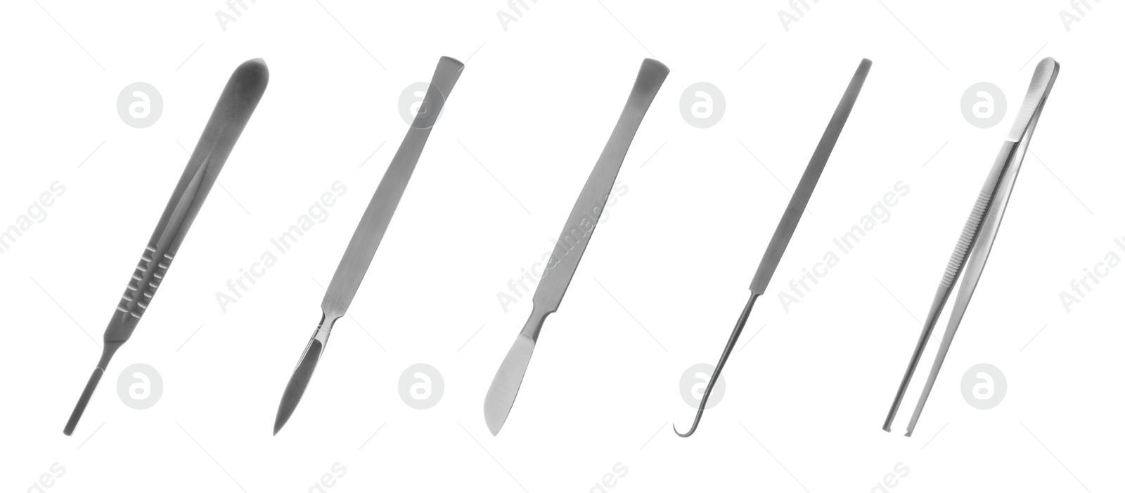 Image of Set with different surgical instruments on white background. Banner design 