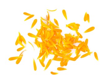 Photo of Pile of beautiful calendula petals on white background, top view