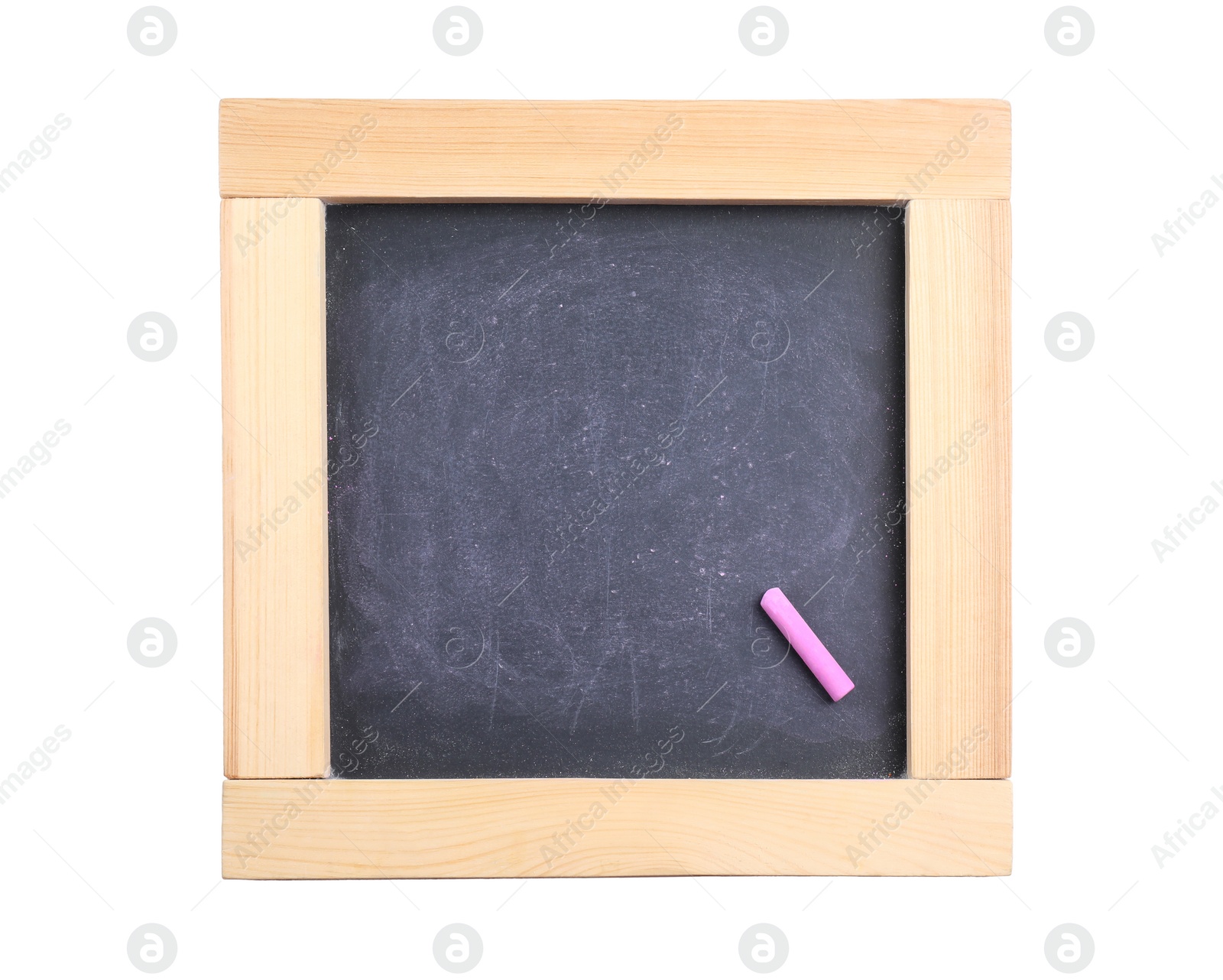 Photo of Empty blackboard with chalk isolated on white, top view. Space for text