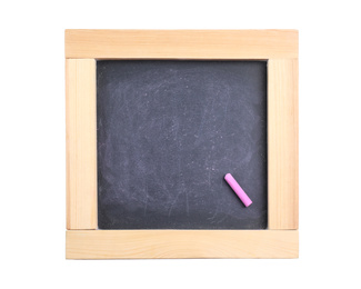 Photo of Empty blackboard with chalk isolated on white, top view. Space for text