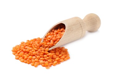 Wooden scoop with raw lentils isolated on white