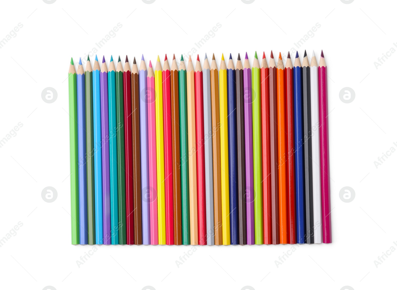 Photo of Colorful wooden pencils on white background, top view