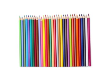 Colorful wooden pencils on white background, top view