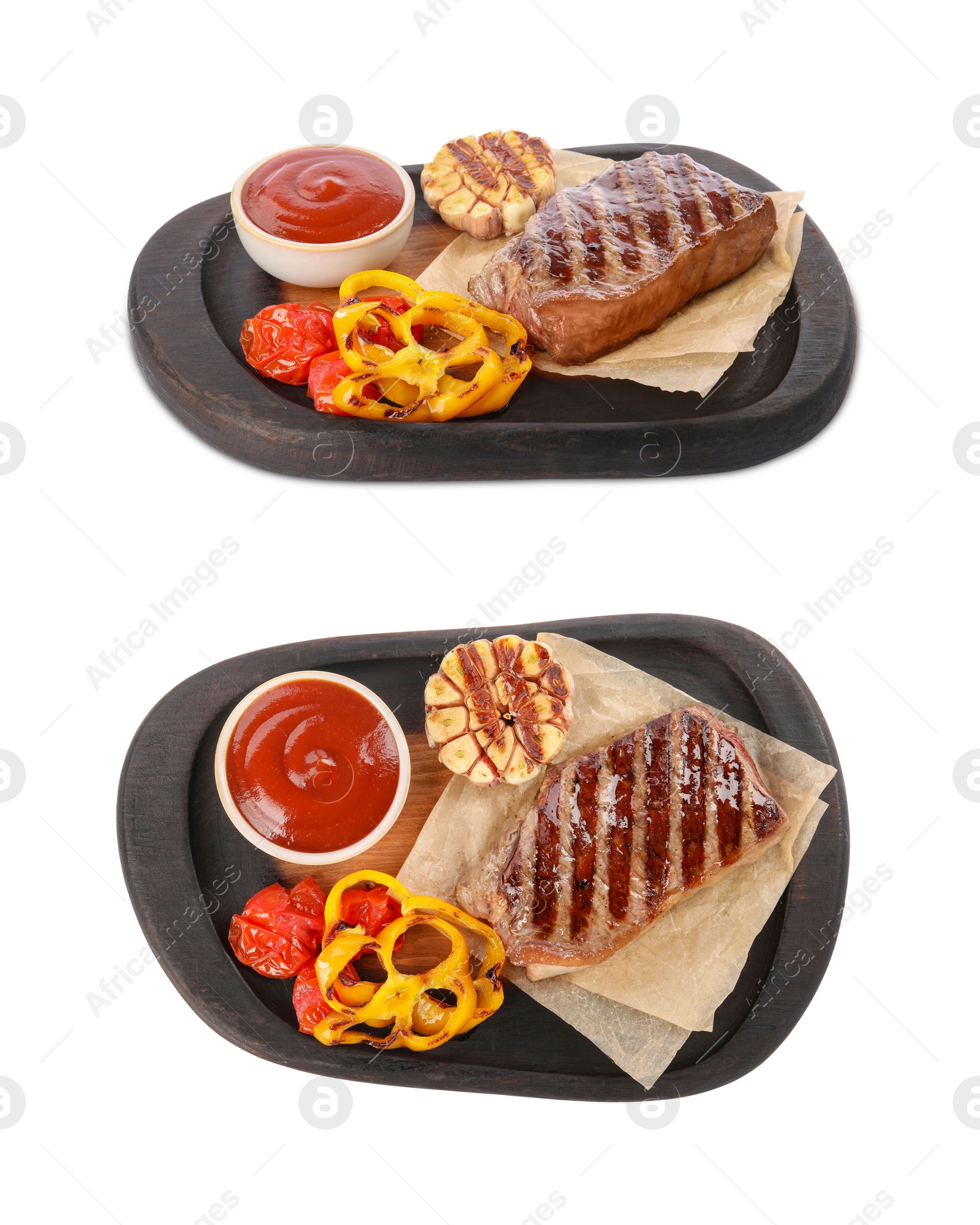 Image of Delicious grilled beef steak with spices and tomato sauce, top and side views