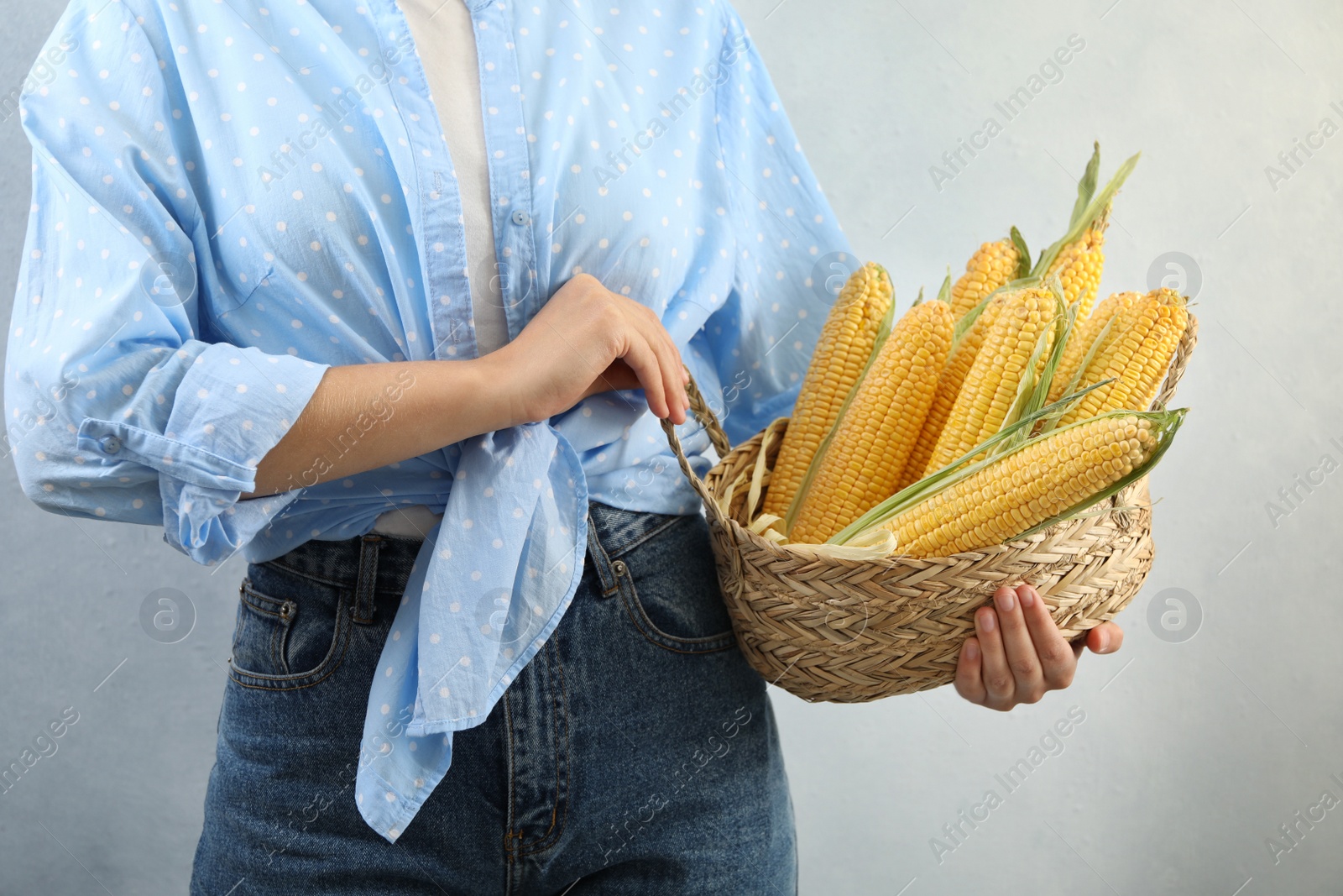 Photo of Woman with basket of corn cobs on light background, closeup