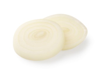 Pieces of fresh onion on white background