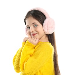 Photo of Cute girl wearing stylish earmuffs on white background