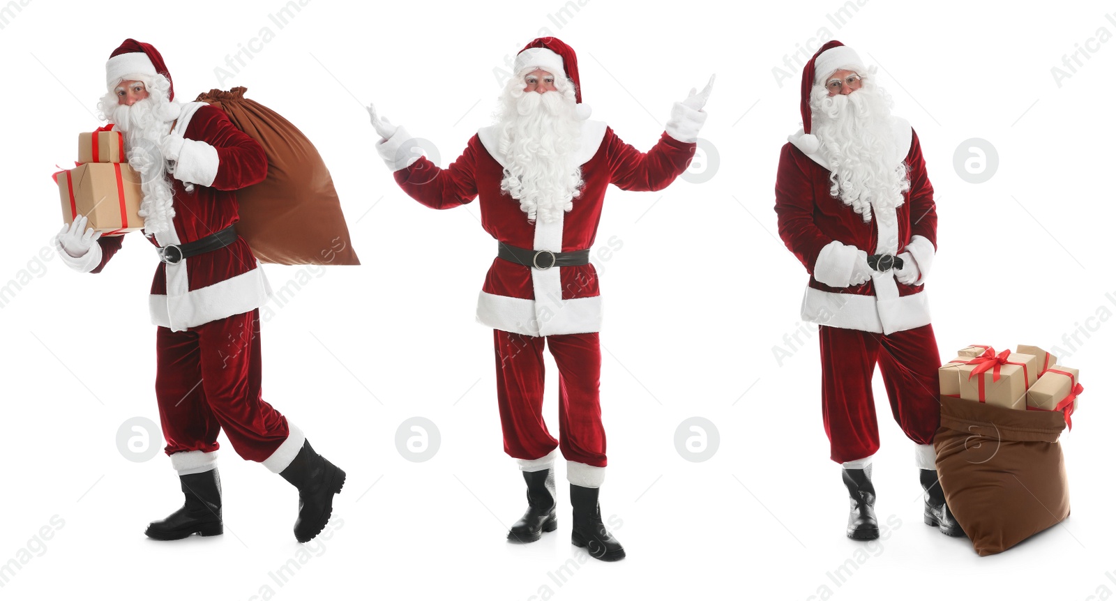 Image of Collage with photos of Santa Claus on white background. Banner design